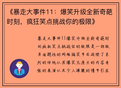 《暴走大事件11：爆笑升级全新奇葩时刻，疯狂笑点挑战你的极限》
